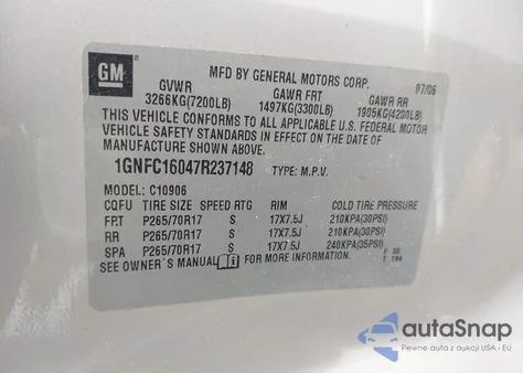 2007 Chevrolet Suburban 1500 Lt z USA, uszkodzony, nr VIN 1GNFC16047R237148